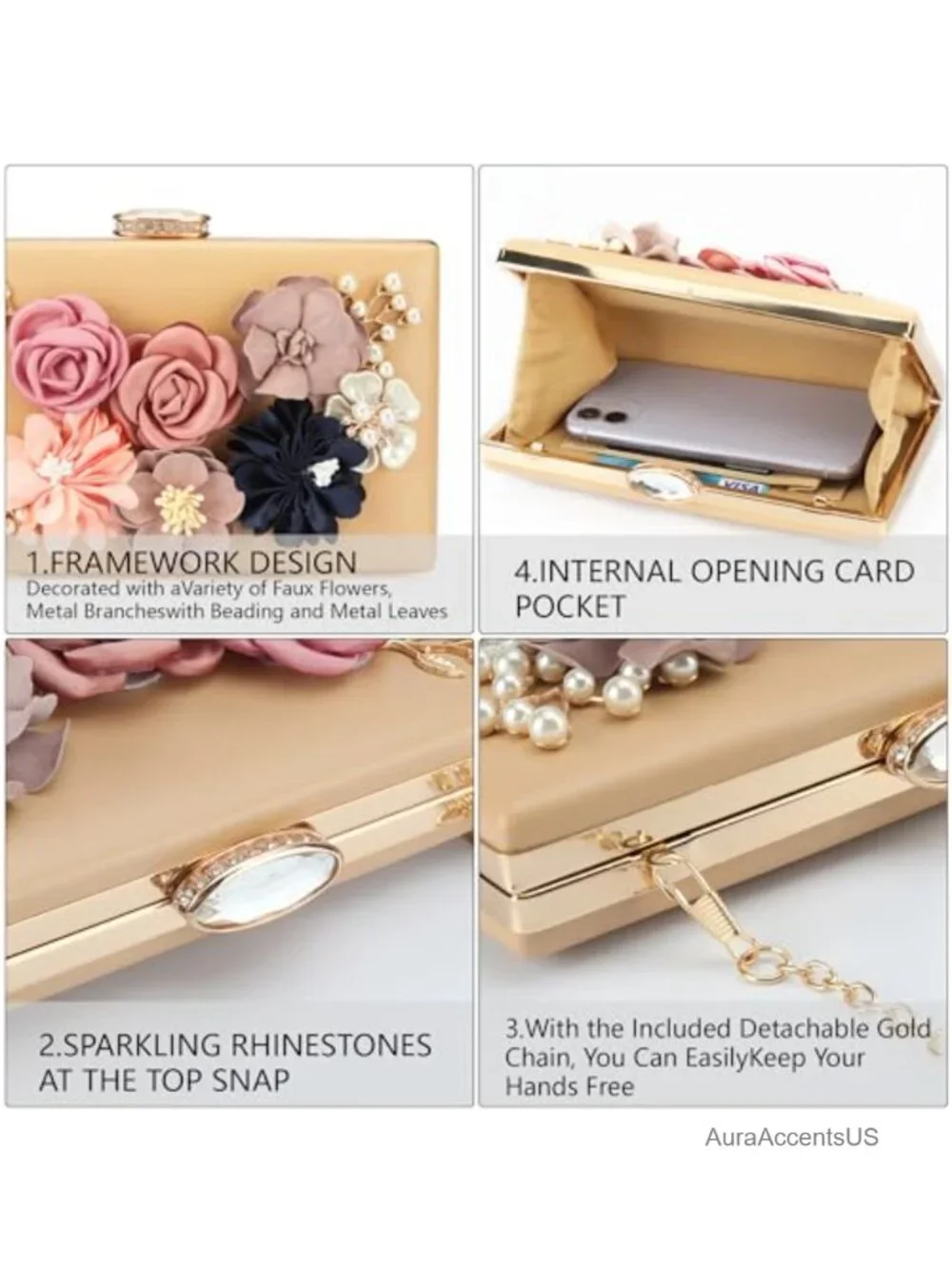 Floral Clutch Purse for Women Evening Bag Beaded Embellished Detachable Chain